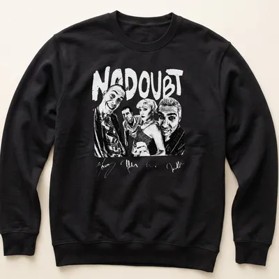 Black and white illustration of No Doubt band members with bold lettering — printed on a unisex sweatshirt