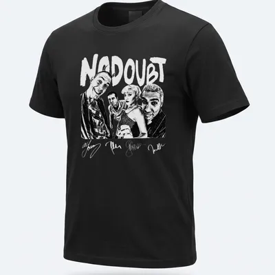 Black and white illustration of No Doubt band members with bold lettering — printed on a unisex t-shirt