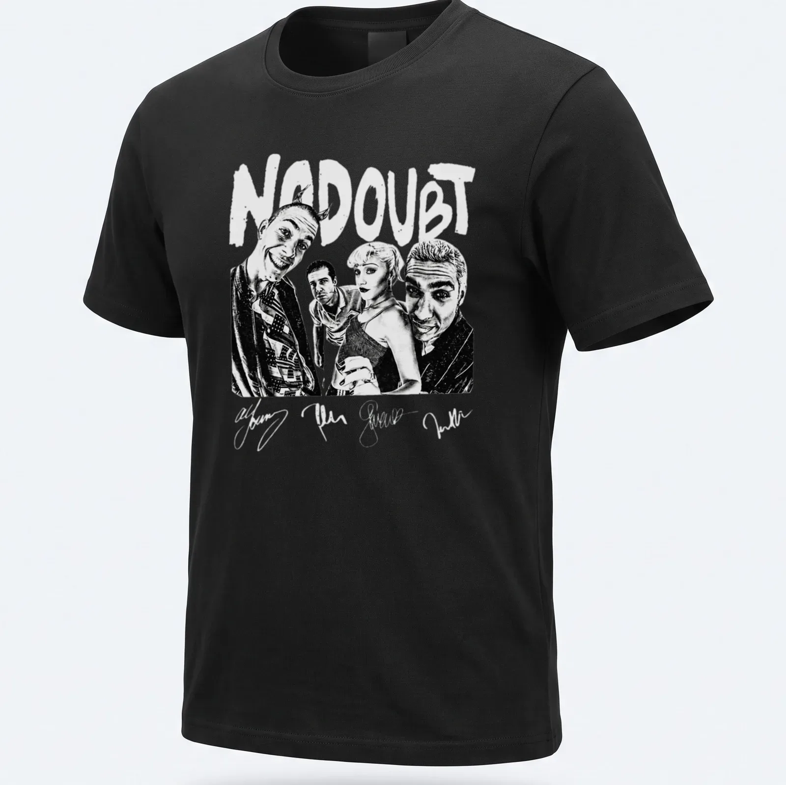 Black and white illustration of No Doubt band members with bold lettering — printed on a unisex t-shirt