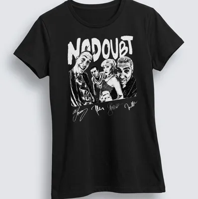 Black and white illustration of No Doubt band members with bold lettering — printed on a women's shirt