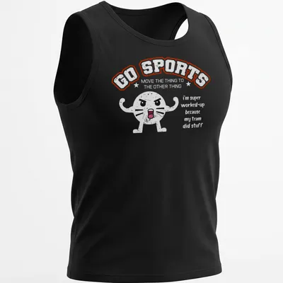 Kawaii style angry cat face with 'No Sports' text in vibrant colors — printed on a tank top