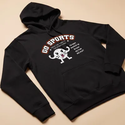 Kawaii style angry cat face with 'No Sports' text in vibrant colors — printed on a unisex hoodie