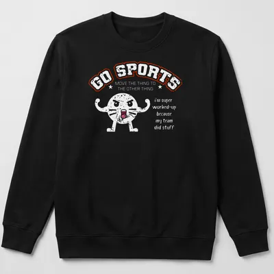 Kawaii style angry cat face with 'No Sports' text in vibrant colors — printed on a unisex sweatshirt