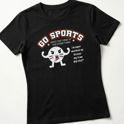 Kawaii style angry cat face with 'No Sports' text in vibrant colors — printed on a women's shirt