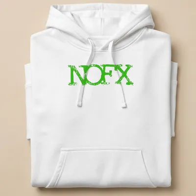 Vintage distressed NOFX logo t-shirt in faded green — printed on a unisex hoodie