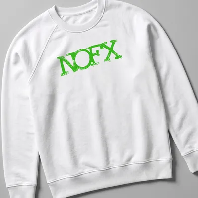 Vintage distressed NOFX logo t-shirt in faded green — printed on a unisex sweatshirt
