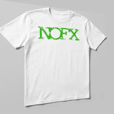 Vintage distressed NOFX logo t-shirt in faded green — printed on a unisex t-shirt (angled view)