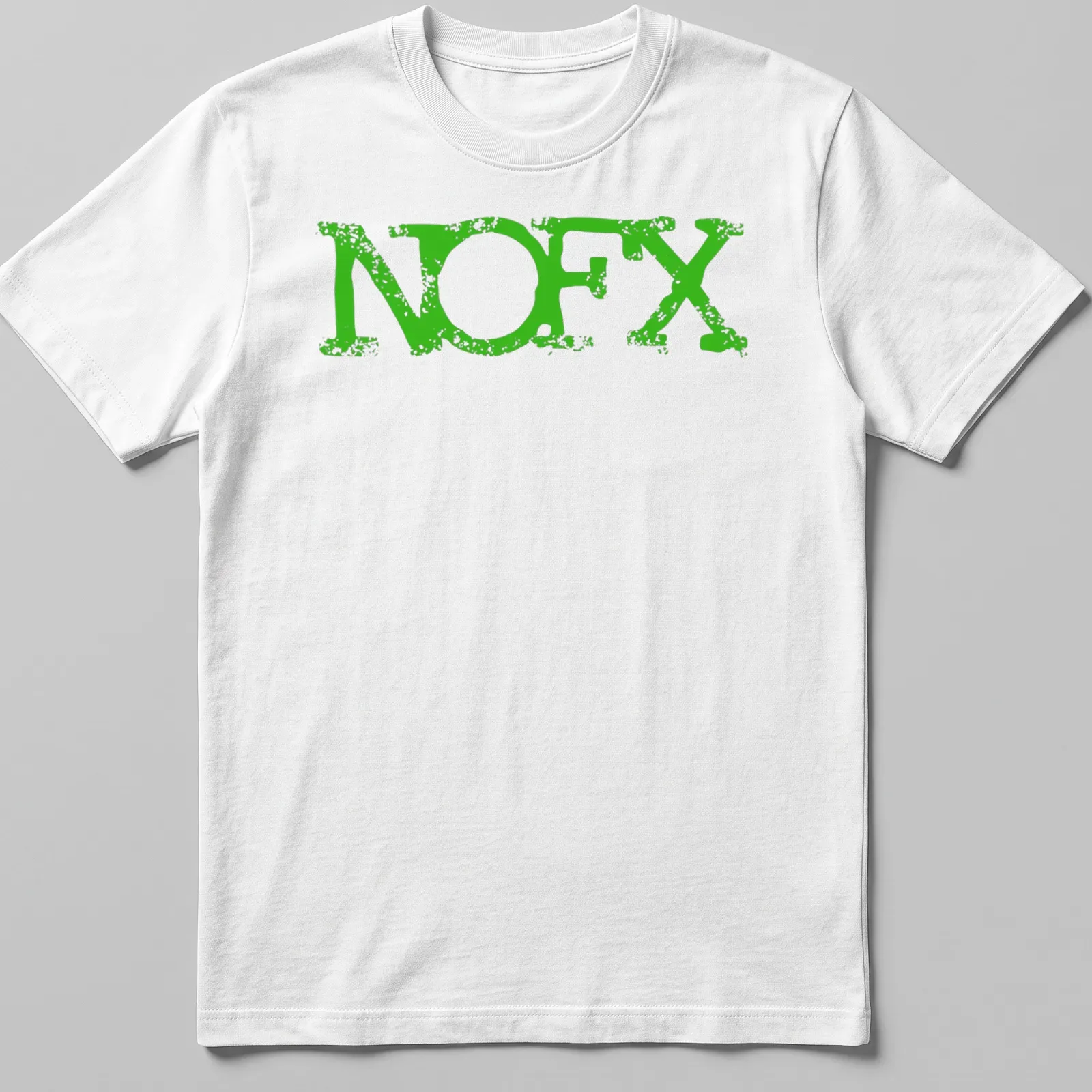 Vintage distressed NOFX logo t-shirt in faded green — printed on a unisex t-shirt