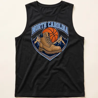 Vintage North Carolina Basketball T-shirt featuring a work boot and basketball graphic — printed on a tank top