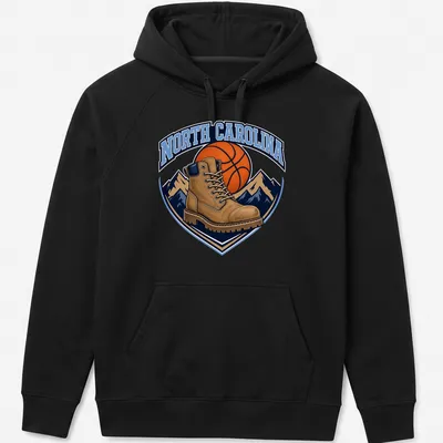 Vintage North Carolina Basketball T-shirt featuring a work boot and basketball graphic — printed on a unisex hoodie