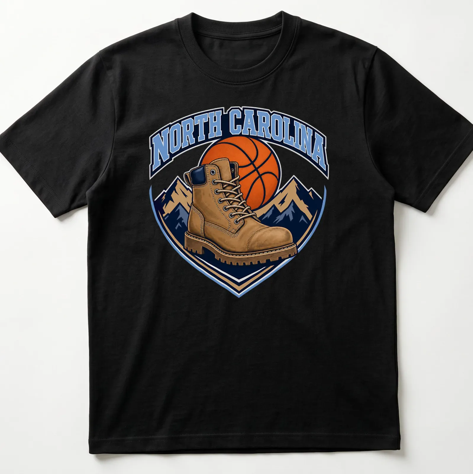Vintage North Carolina Basketball T-shirt featuring a work boot and basketball graphic — printed on a unisex t-shirt