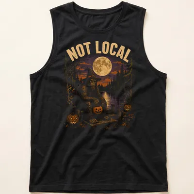 Vintage Halloween tee with cartoon Bigfoot on a dock surrounded by pumpkins — printed on a tank top