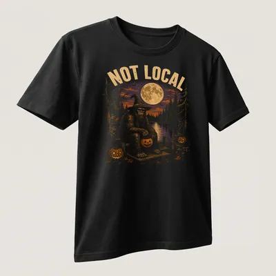 Vintage Halloween tee with cartoon Bigfoot on a dock surrounded by pumpkins — printed on a unisex t-shirt (angled view)