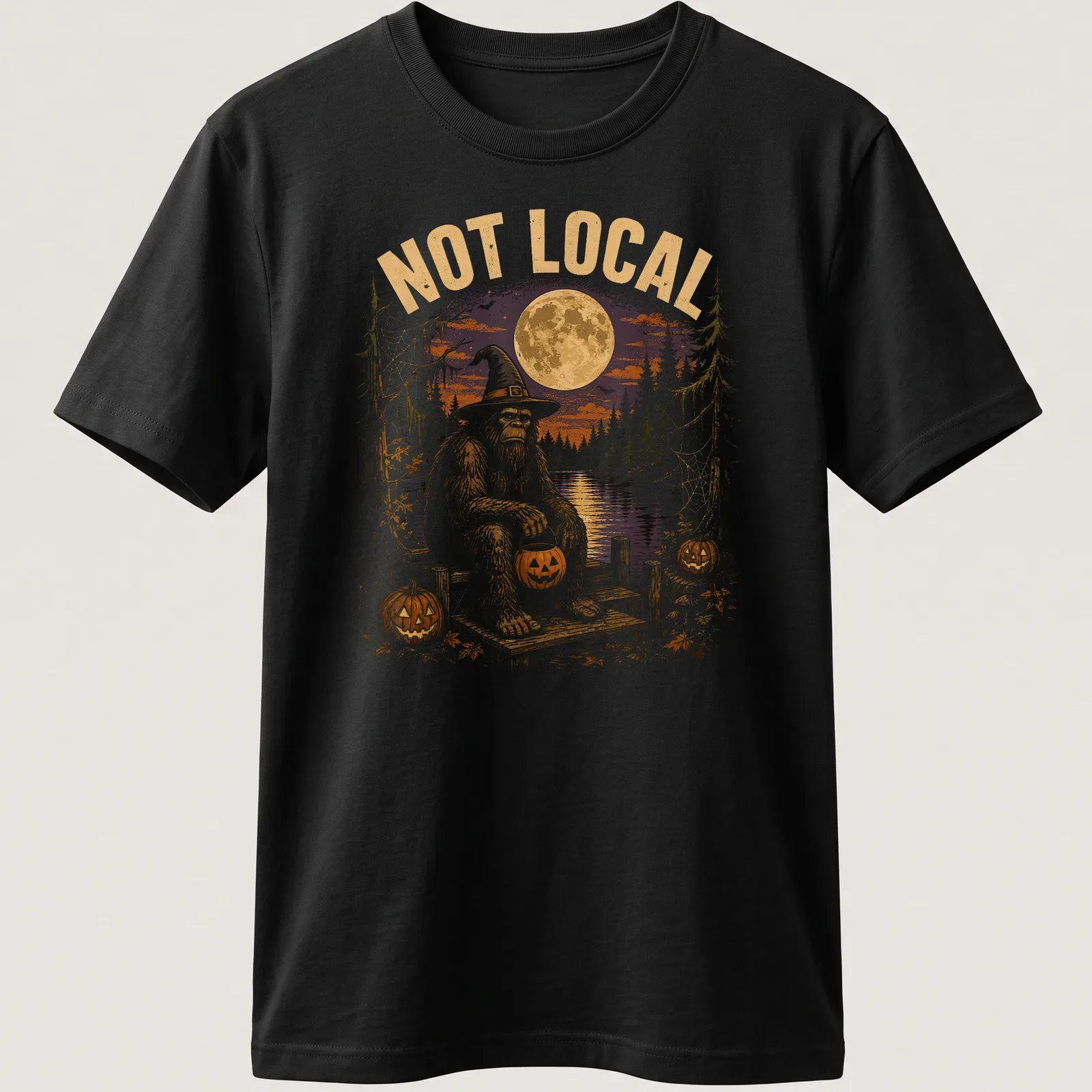 Vintage Halloween tee with cartoon Bigfoot on a dock surrounded by pumpkins — printed on a unisex t-shirt
