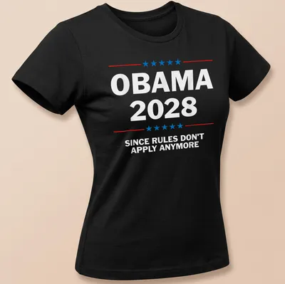 Bold typographic t-shirt with a political slogan in red, blue, and white. — printed on a women's shirt