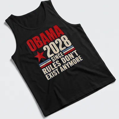 Vintage red star design with distressed text reading 'Obama 2028 Since Rules Don't Exist Anymore' — printed on a tank top