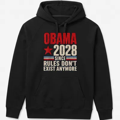 Vintage red star design with distressed text reading 'Obama 2028 Since Rules Don't Exist Anymore' — printed on a unisex hoodie
