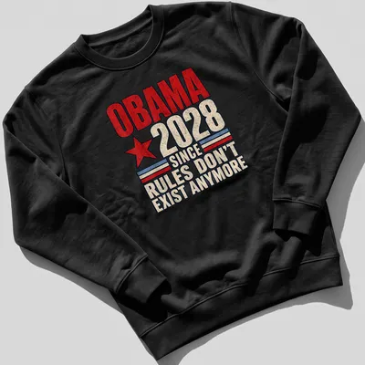 Vintage red star design with distressed text reading 'Obama 2028 Since Rules Don't Exist Anymore' — printed on a unisex sweatshirt