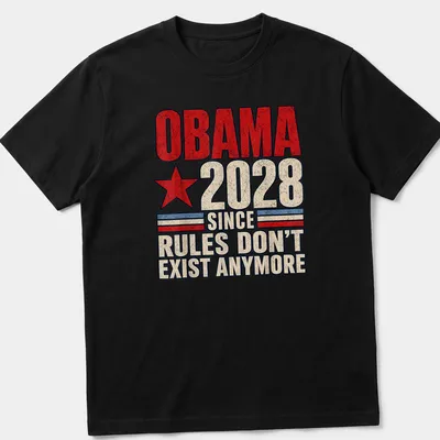 Vintage red star design with distressed text reading 'Obama 2028 Since Rules Don't Exist Anymore' — printed on a unisex t-shirt