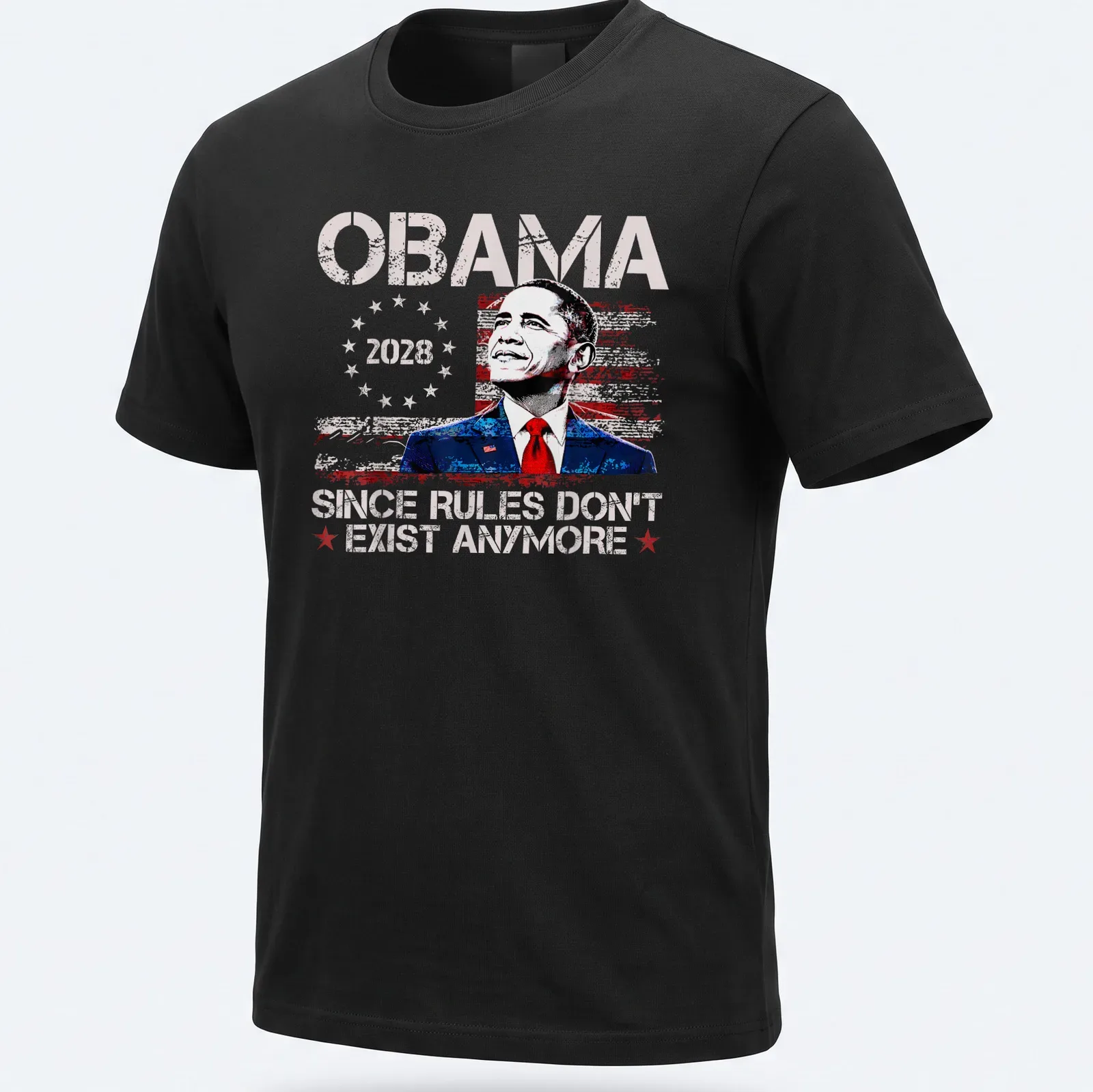 Vintage poster style t-shirt featuring humorous political text about Obama. — printed on a unisex t-shirt