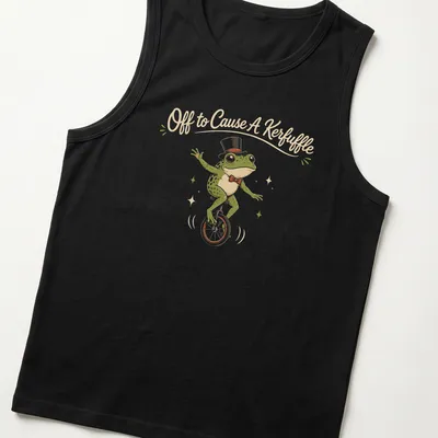 Vintage illustration of a frog riding a unicycle with humorous text above — printed on a tank top