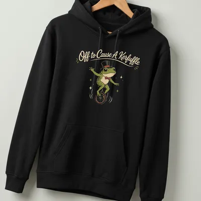 Vintage illustration of a frog riding a unicycle with humorous text above — printed on a unisex hoodie