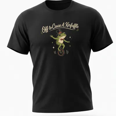 Vintage illustration of a frog riding a unicycle with humorous text above — printed on a unisex t-shirt