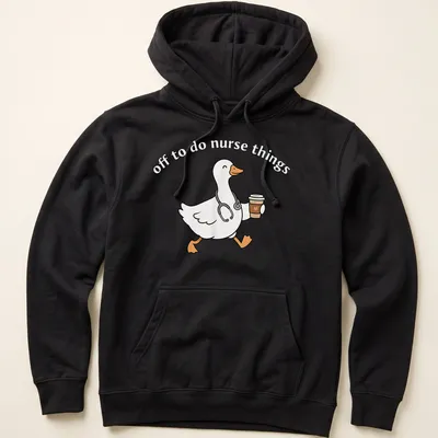 Kawaii line-art of a cheerful goose above the text 'off to do nurse things' — printed on a unisex hoodie