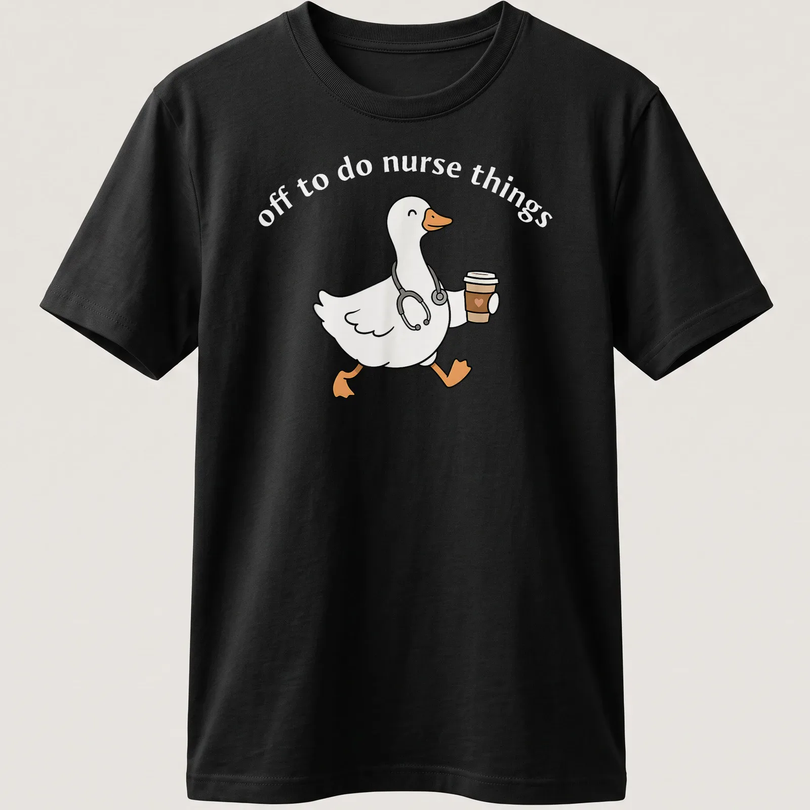Kawaii line-art of a cheerful goose above the text 'off to do nurse things' — printed on a unisex t-shirt