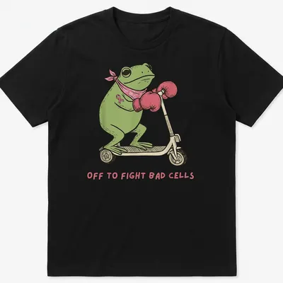 Cartoon frog on a scooter with text saying 'Off to Fight Bad Cells' in playful colors.