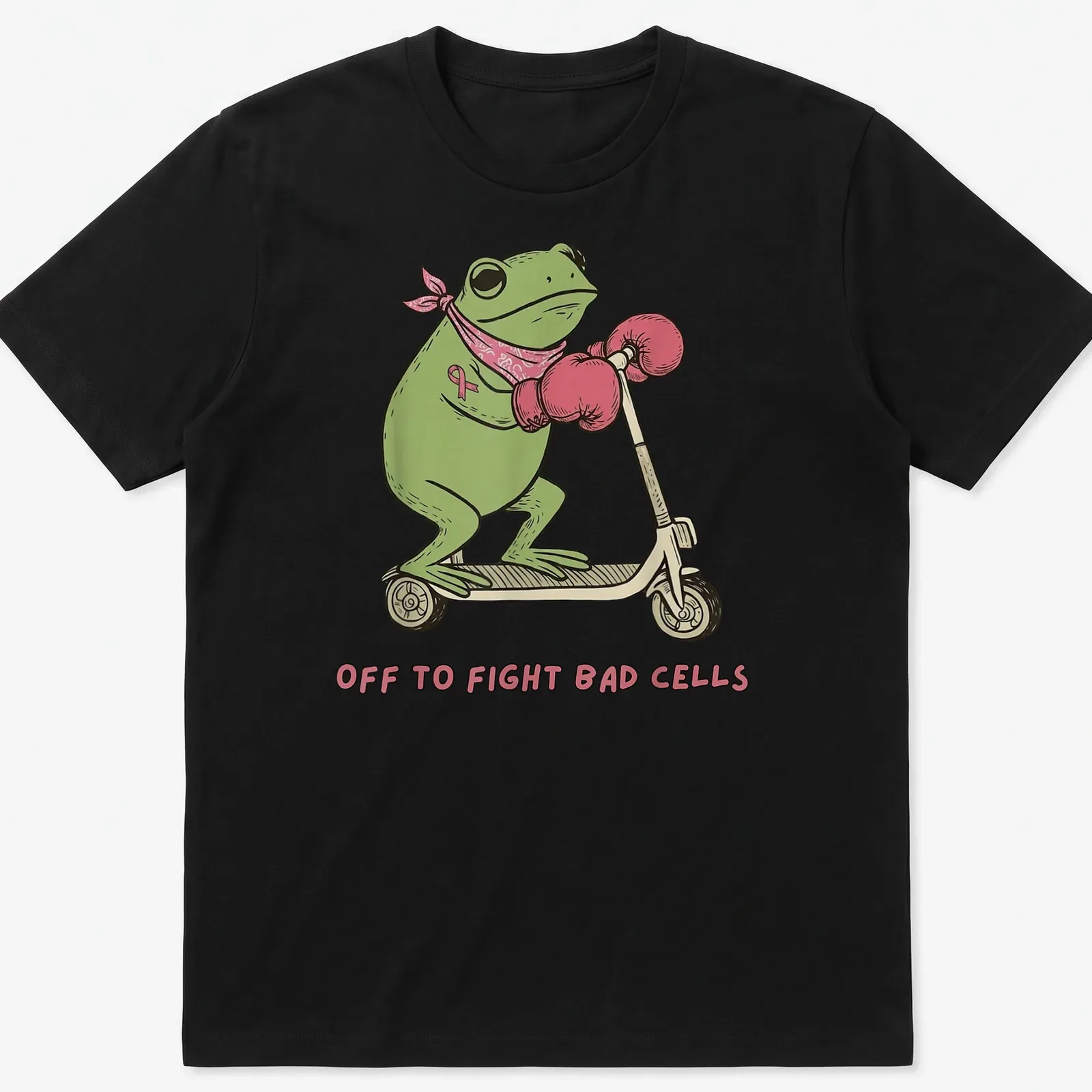 Cartoon frog on a scooter with text saying 'Off to Fight Bad Cells' in playful colors. — printed on a unisex t-shirt