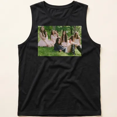 Photographic print of a young woman in a blue sweater and black boots — printed on a tank top