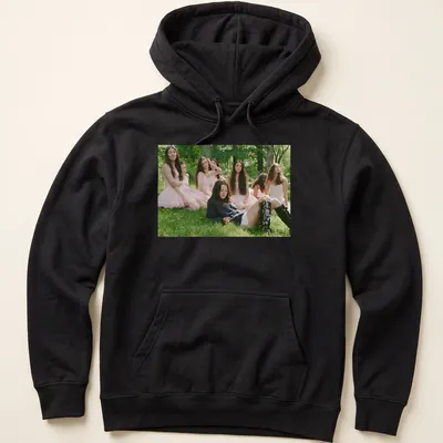 Photographic print of a young woman in a blue sweater and black boots — printed on a unisex hoodie