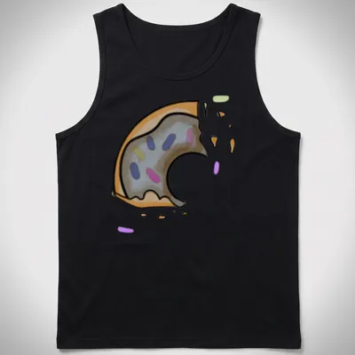 Kawaii line-art donut with chocolate icing and a bite taken out, smiling — printed on a tank top