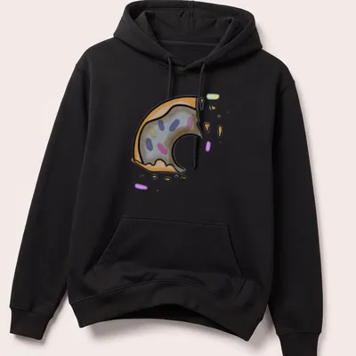 Kawaii line-art donut with chocolate icing and a bite taken out, smiling — printed on a unisex hoodie