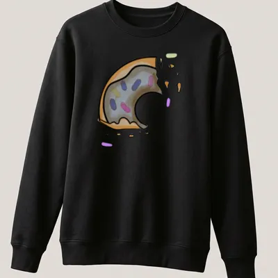Kawaii line-art donut with chocolate icing and a bite taken out, smiling — printed on a unisex sweatshirt