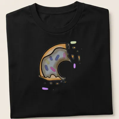 Kawaii line-art donut with chocolate icing and a bite taken out, smiling — printed on a unisex t-shirt