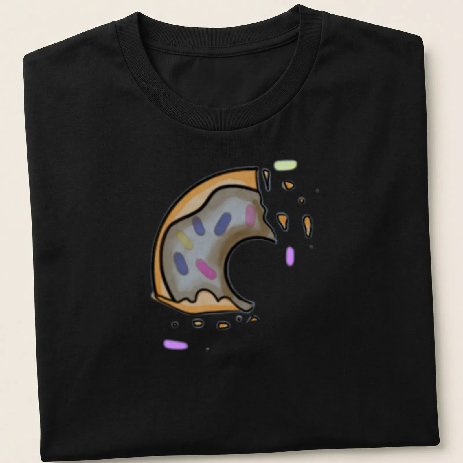 Kawaii line-art donut with chocolate icing and a bite taken out, smiling — printed on a unisex t-shirt