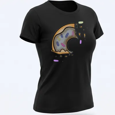 Kawaii line-art donut with chocolate icing and a bite taken out, smiling — printed on a women's shirt