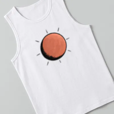 Simple illustration of a bright orange sun against black and white background — printed on a tank top