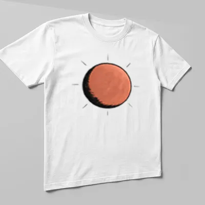 Simple illustration of a bright orange sun against black and white background — printed on a unisex t-shirt (angled view)