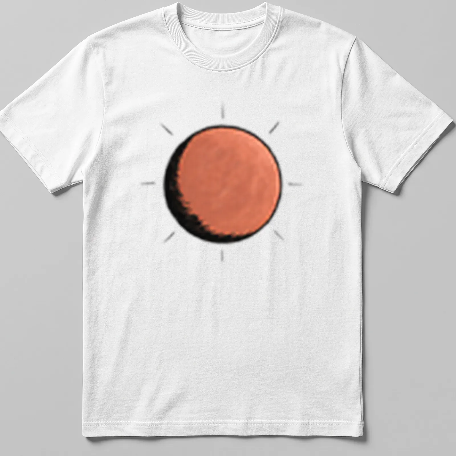 Simple illustration of a bright orange sun against black and white background — printed on a unisex t-shirt