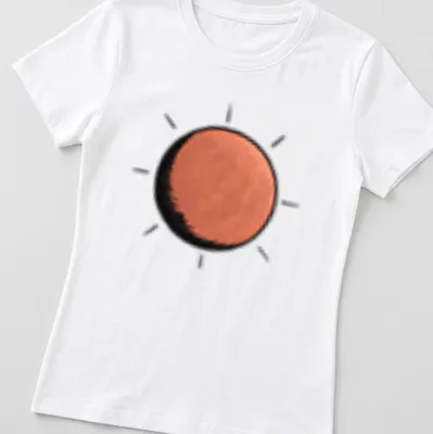 Simple illustration of a bright orange sun against black and white background — printed on a women's shirt