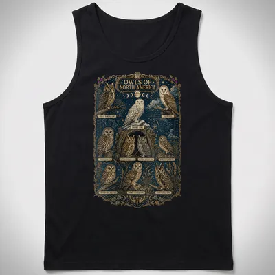 Vintage illustration of various North American owls with printed text identification — printed on a tank top