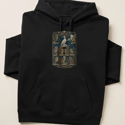 Vintage illustration of various North American owls with printed text identification — printed on a unisex hoodie