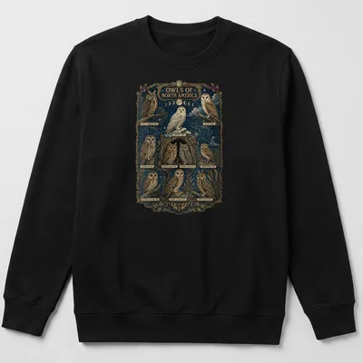 Vintage illustration of various North American owls with printed text identification — printed on a unisex sweatshirt
