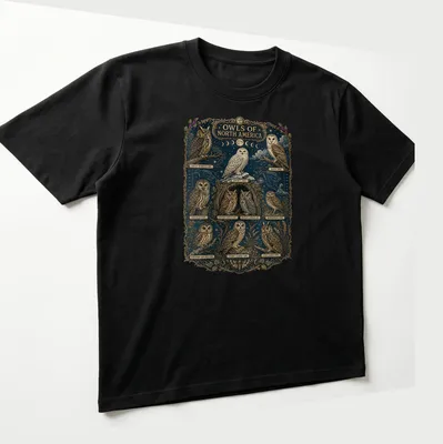 Vintage illustration of various North American owls with printed text identification — printed on a unisex t-shirt (angled view)