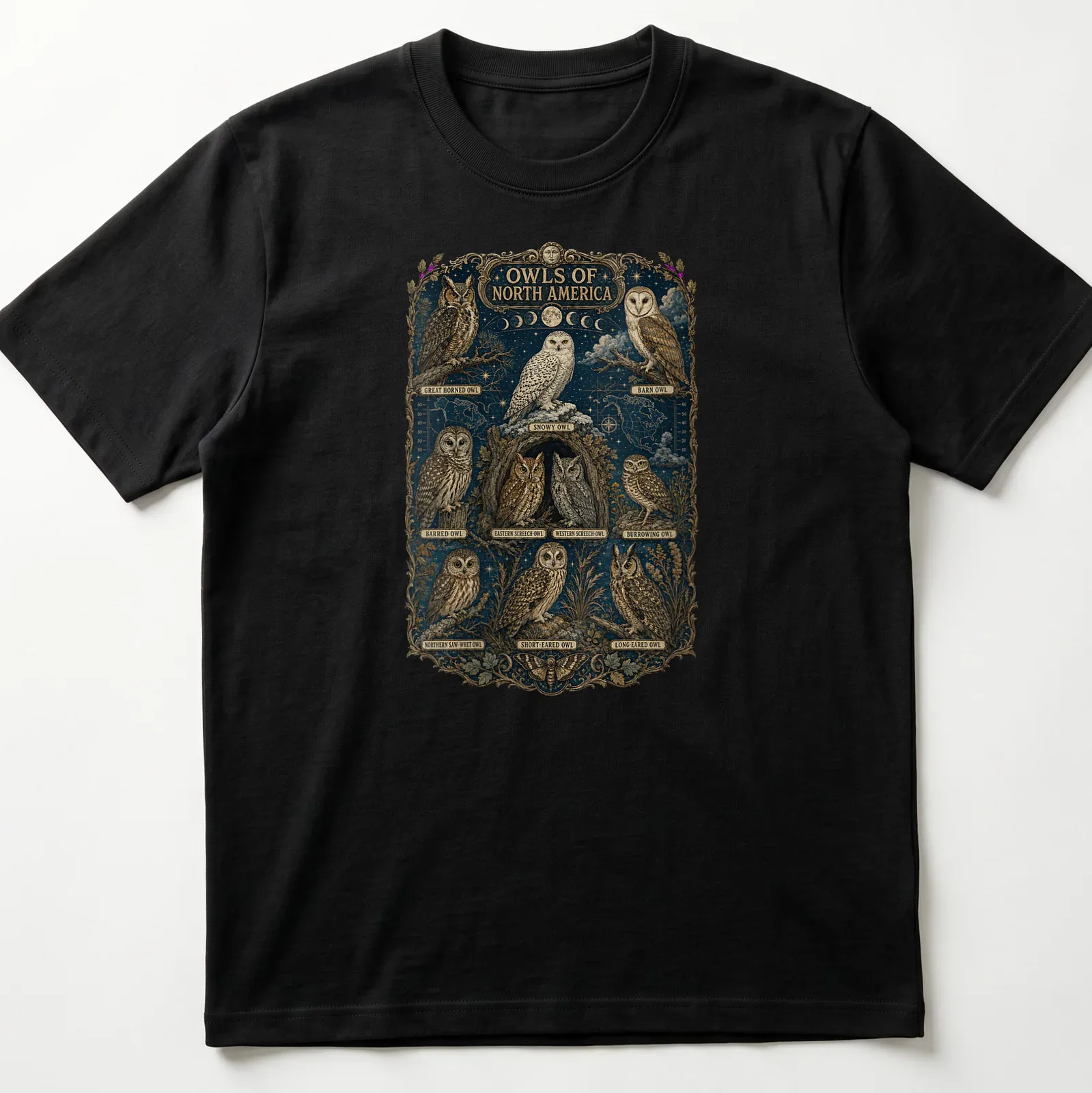 Vintage illustration of various North American owls with printed text identification — printed on a unisex t-shirt