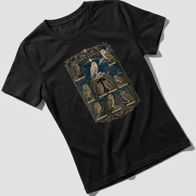 Vintage illustration of various North American owls with printed text identification — printed on a women's shirt
