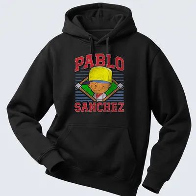 Vintage retro t-shirt featuring cartoon boy and the name Pablo Sanchez in bold letters — printed on a unisex hoodie